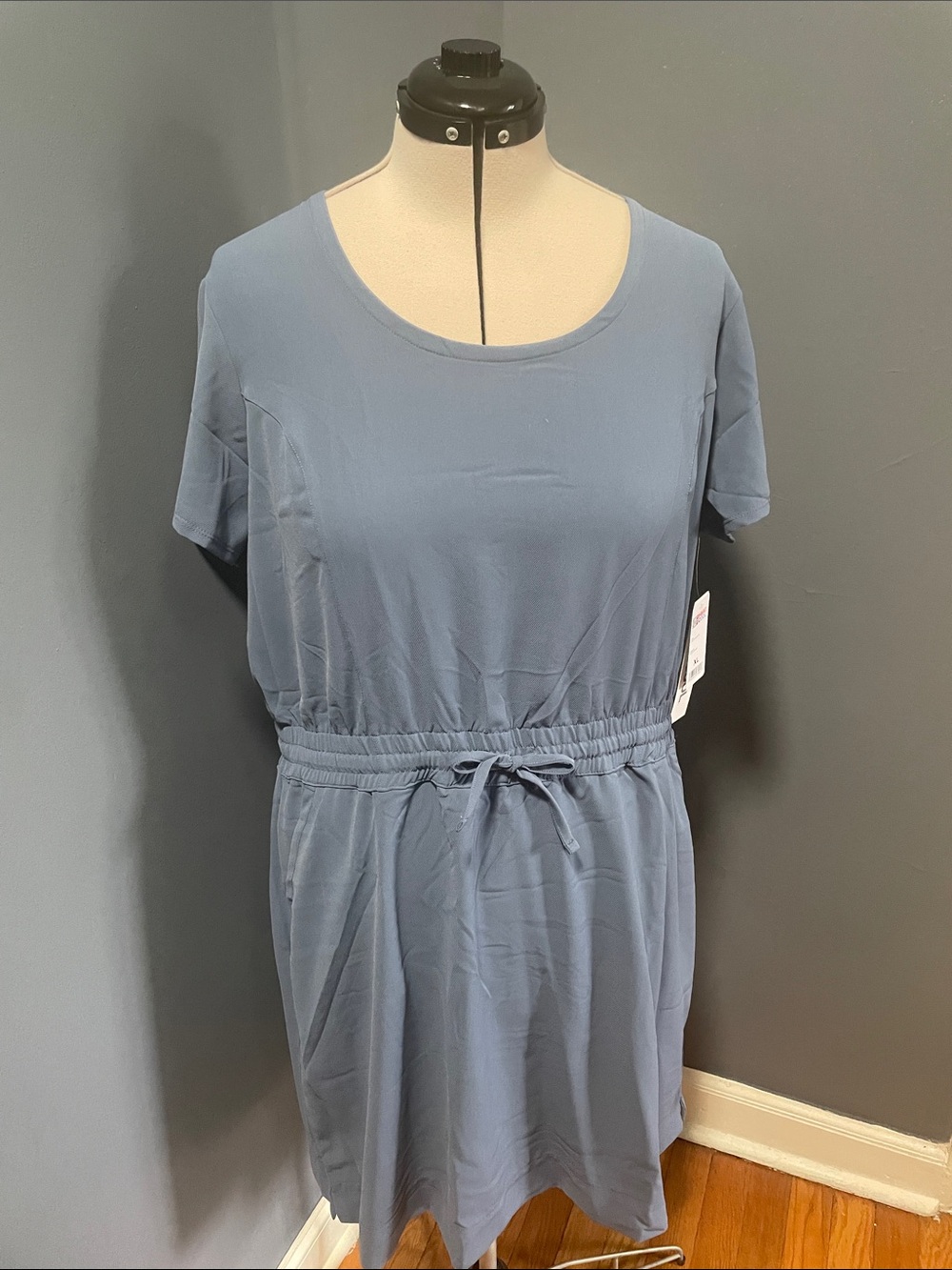 32 Degrees Cool Short-Sleeve Slate Blue Drawstring Mini Dress Size-XL NWT